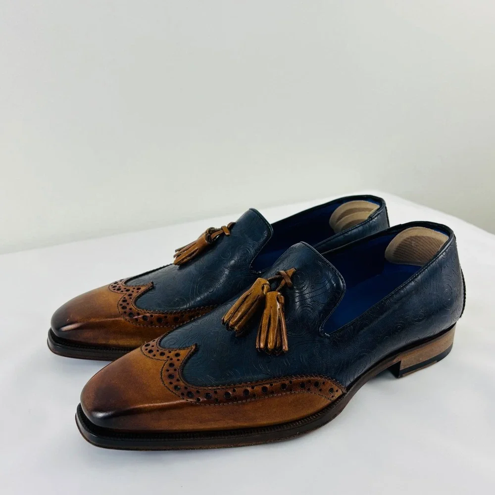 Emilio Franco Navy Blue Paisley Cognac Leather Tassel 